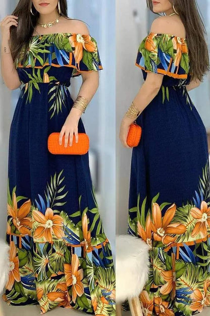 Off Shoulder Tropical Print Maxi Dress