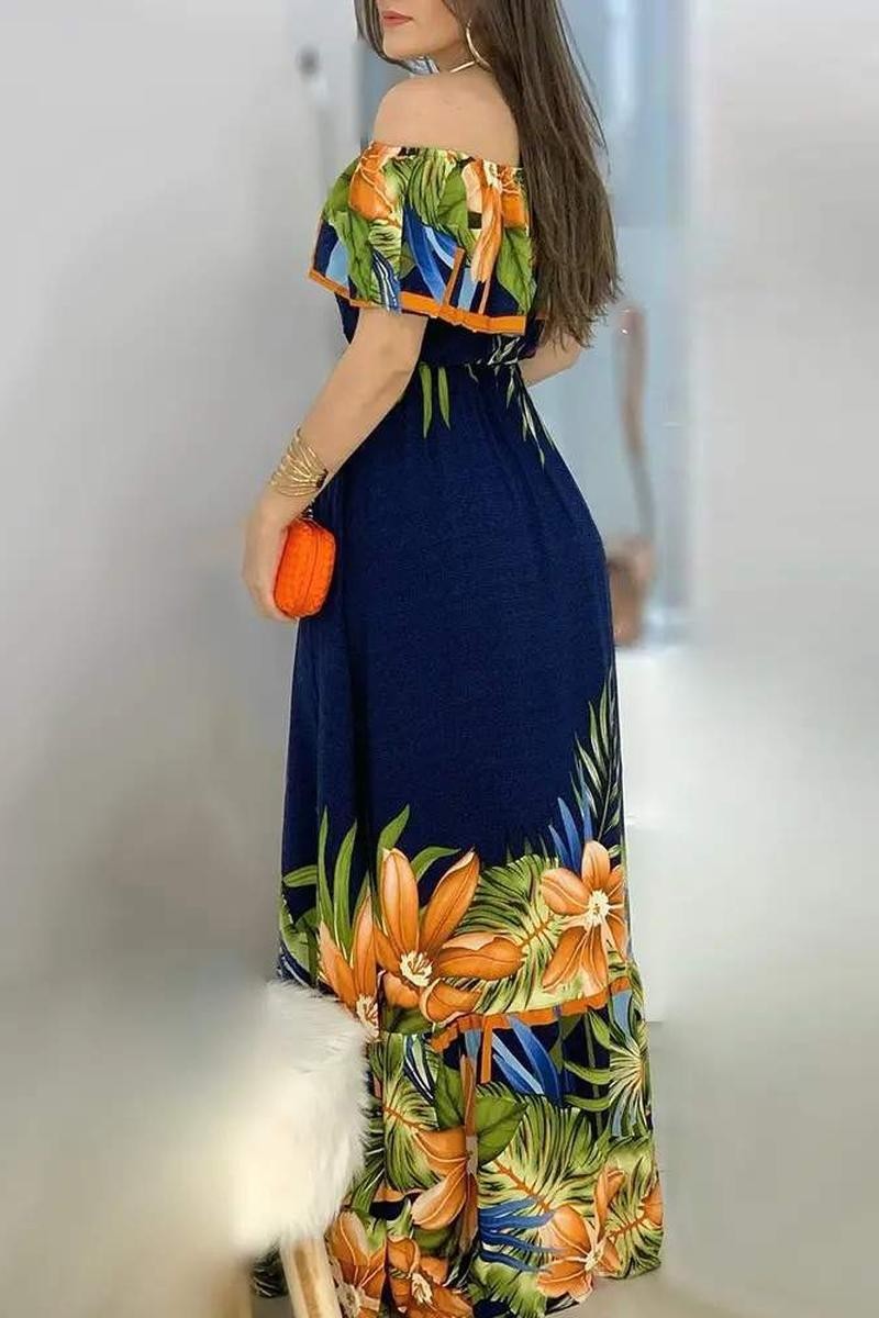 Off Shoulder Tropical Print Maxi Dress