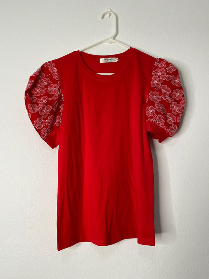 Floral Embroidered Puff Sleeve Top "Red